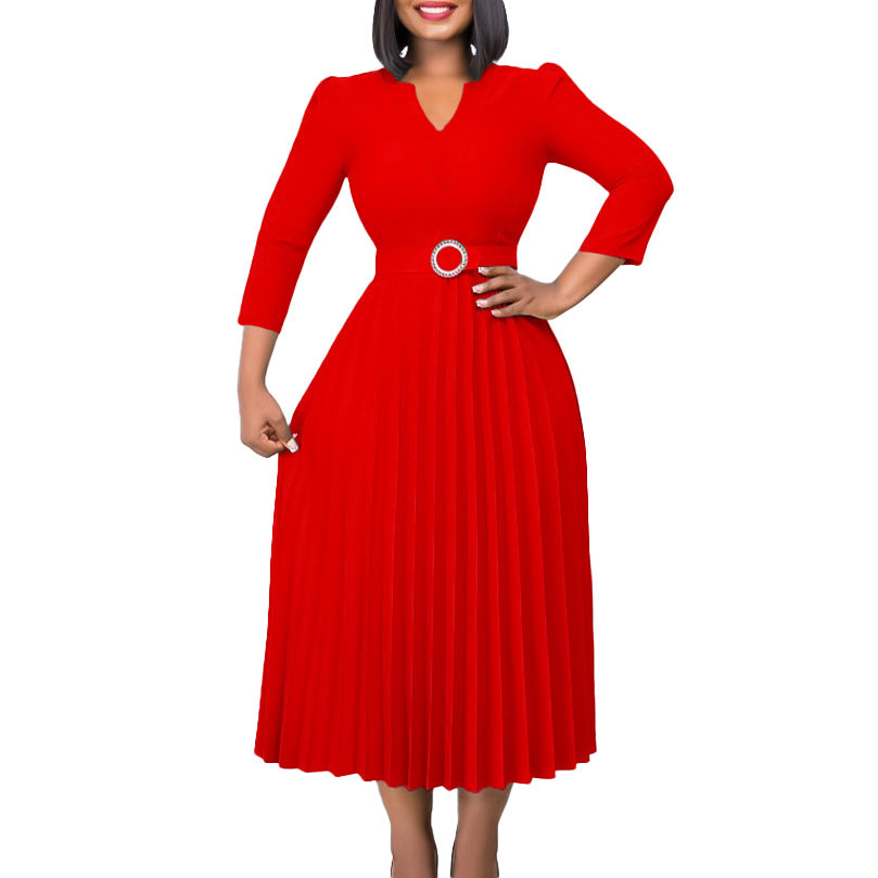 Women's V-Neck Fashion Temperament Elegant Press-Pleated Dresses