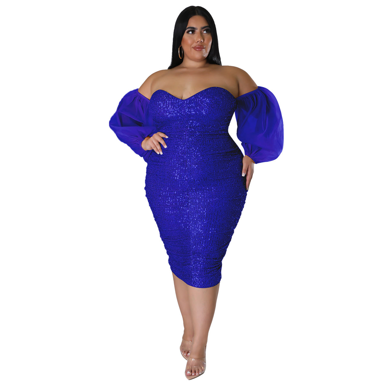 ST-dress plus size sexy sequin strapless solid color evening dress