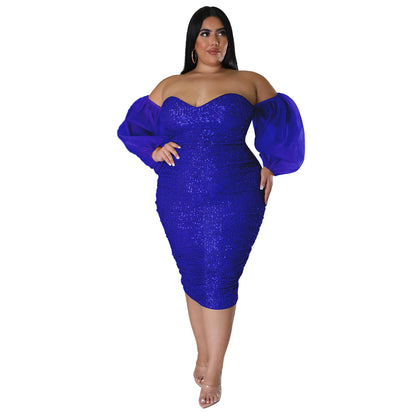 ST-dress plus size sexy sequin strapless solid color evening dress