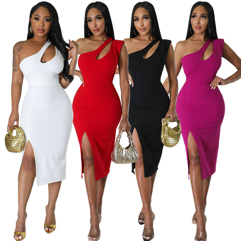 ST-dress One Shoulder Hollow Out Split Dress