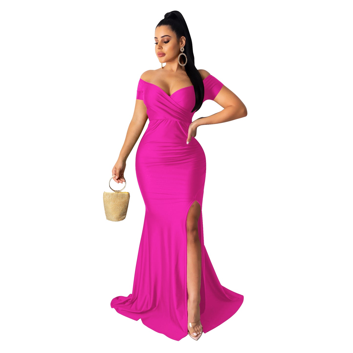 ST-dress V-neck solid color large slit short sleeved long skirt