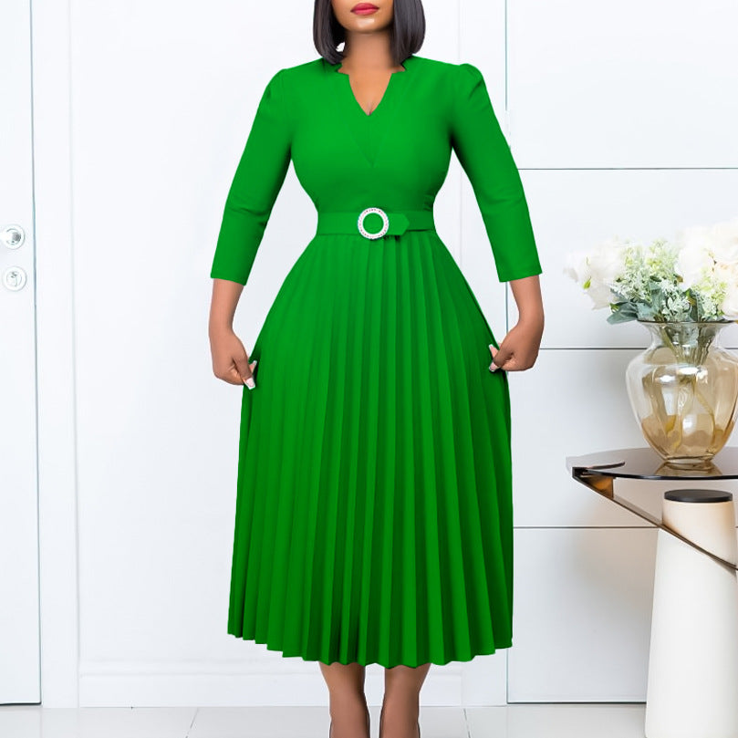 Women's V-Neck Fashion Temperament Elegant Press-Pleated Dresses