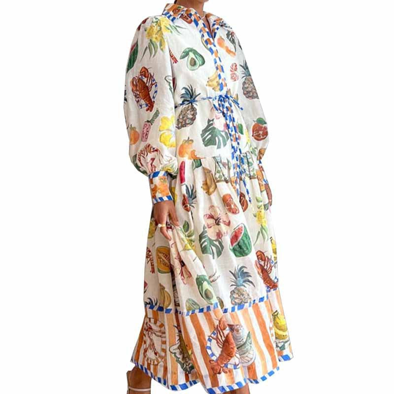 ST-dress plus size Lantern sleeve printed lapel waist waist long sleeve long dress