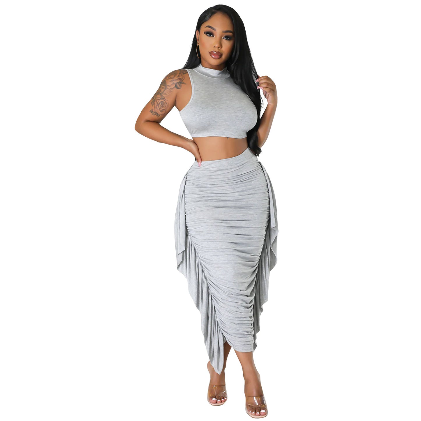 ST-dress Sexy Tight Fringed Sleeveless Two-piece Dress Set