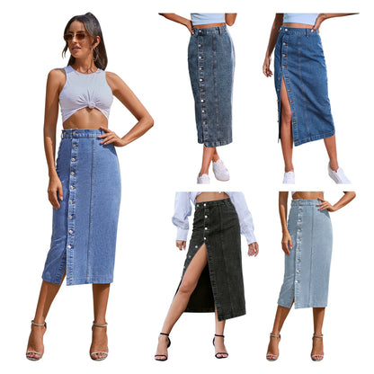 ST-dress  buttons irregular slit denim high-waisted long skirt