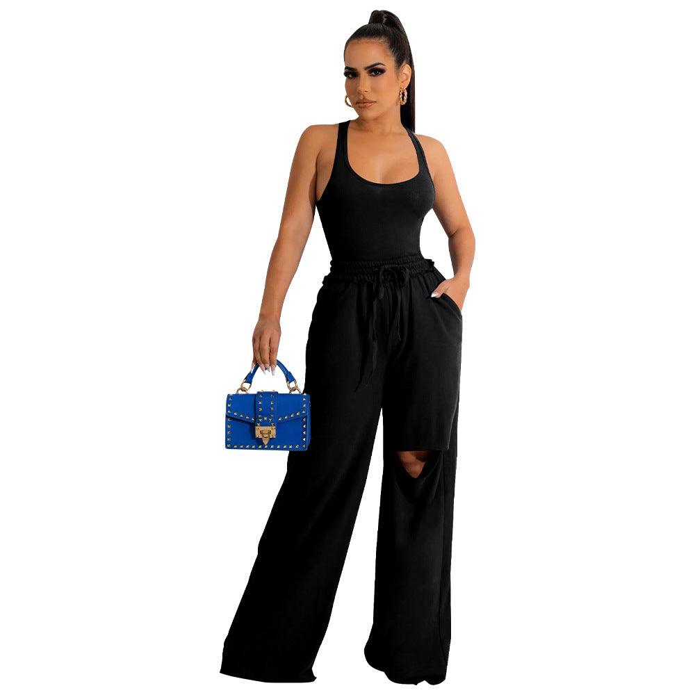 ST-dress U-neck bodysuit holes wide leg pants set