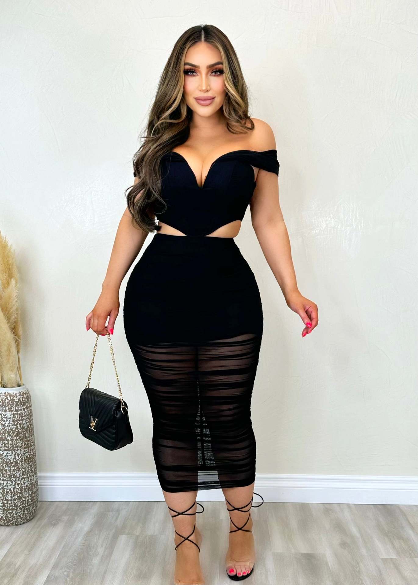 ST-dress Mesh splicing bodycon perspective elastic shoulder two-piece set