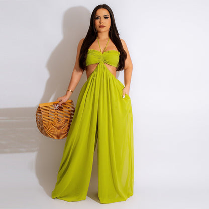 ST-dress Chiffon chest wrap backless wide leg jumpsuit