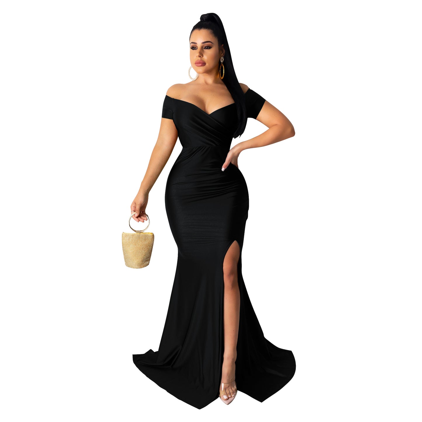 ST-dress V-neck solid color large slit short sleeved long skirt