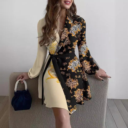 ST-dress Floral print lapel long sleeve lace-up waist dress