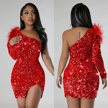 ST-DRESS One Shoulder Feather Sequin Split Dress