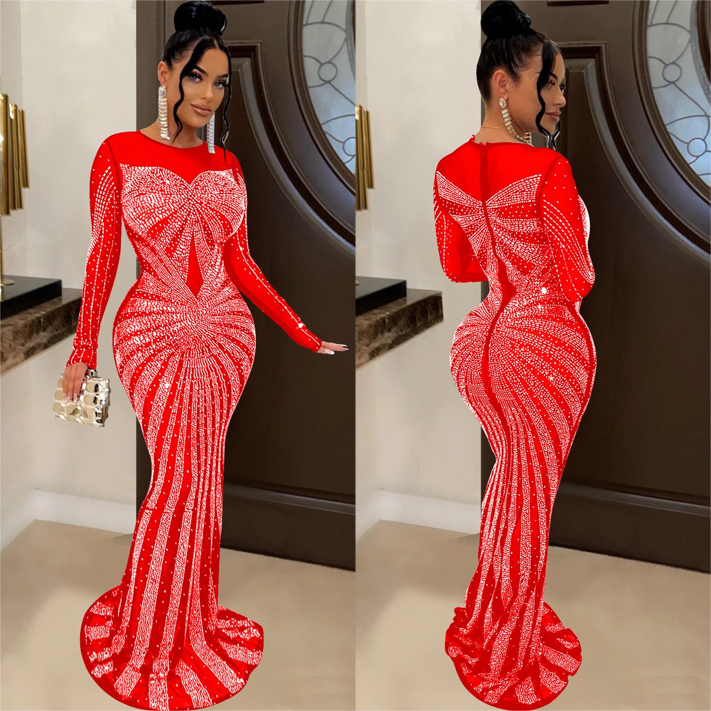 ST-dress Solid color mesh perspective hot diamond long sleeve maxi dress