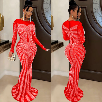 ST-dress Solid color mesh perspective hot diamond long sleeve maxi dress