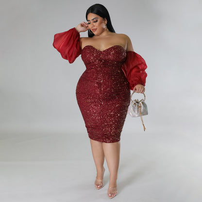 ST-dress plus size sexy sequin strapless solid color evening dress