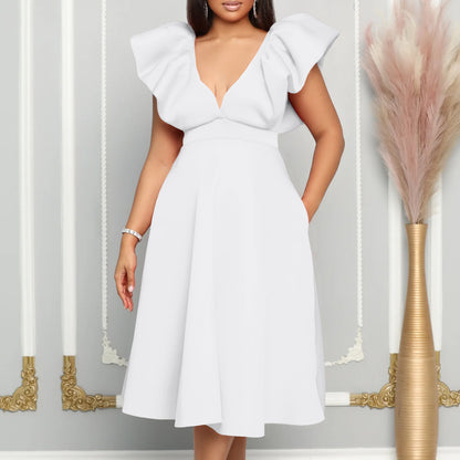 ST-dress Deep V-neck high-waisted party dress A-line dress