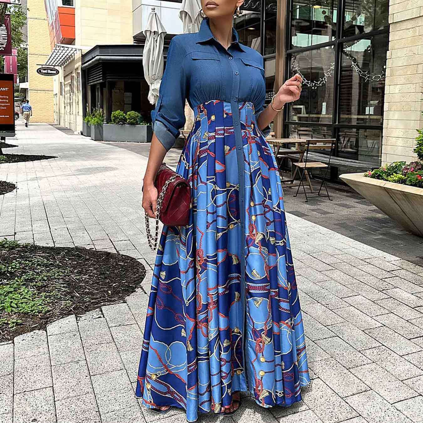 ST-dress plus size Casual denim patchwork printed long skirt big swing dress