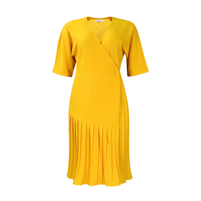 ST-dress V-neck waist fashion pleated mid-length dress