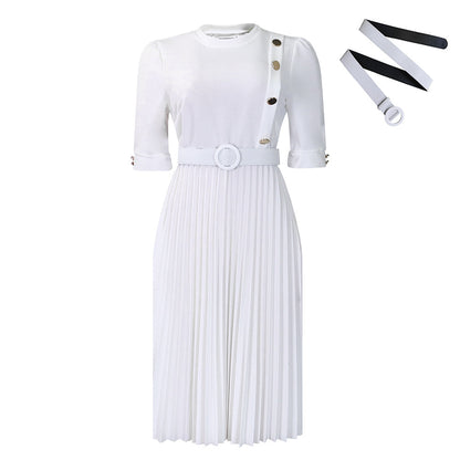 ST-dress New Style Solid Color Pleated Button Dress