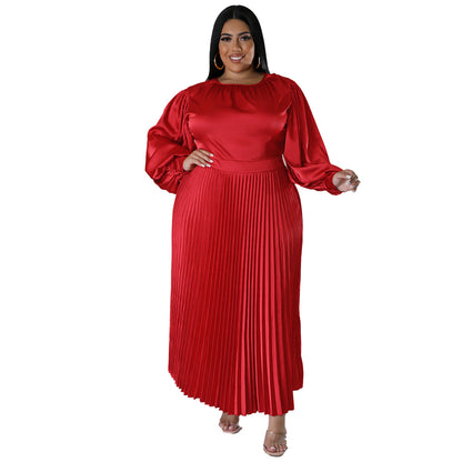 ST-dress plus size pleated round neck long sleeved dress