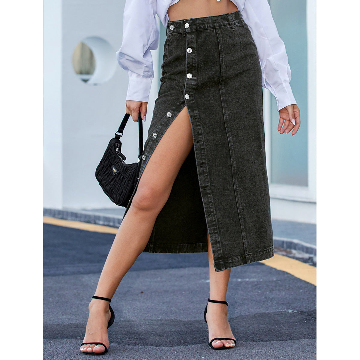 ST-dress  buttons irregular slit denim high-waisted long skirt