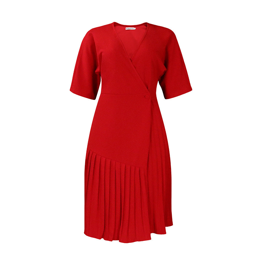 ST-dress V-neck waist fashion pleated mid-length dress