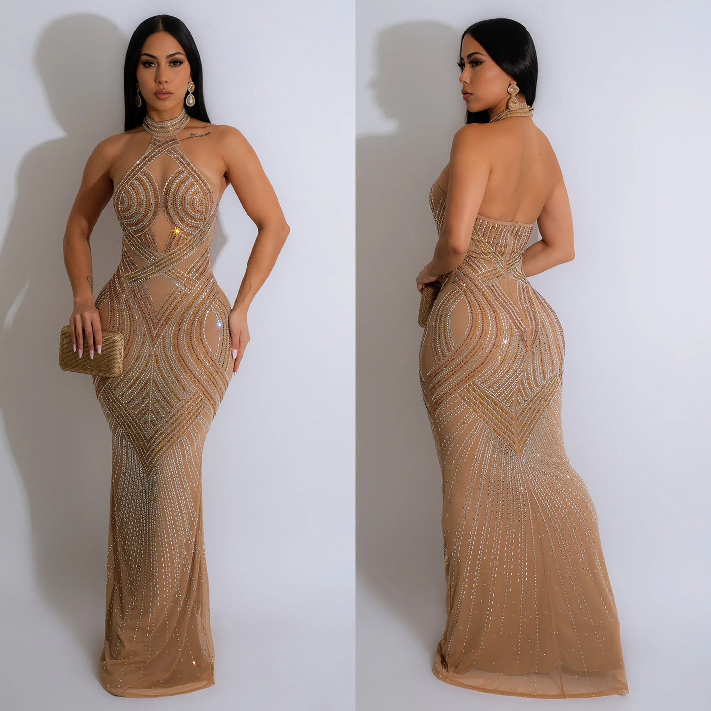 ST-dress Mesh hot diamond hanging neck maxi dress