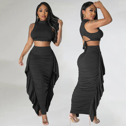 ST-dress Sexy Tight Fringed Sleeveless Two-piece Dress Set