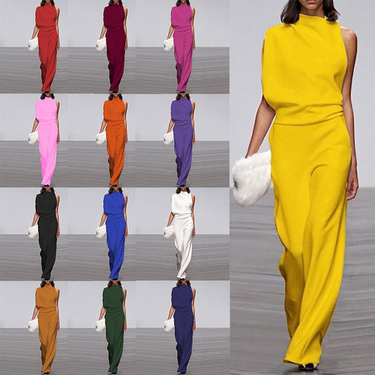 ST-dress Solid color one-shoulder pile neck jumpsuit