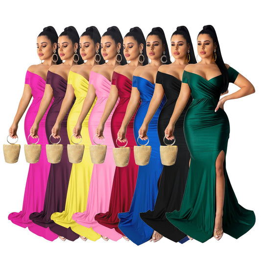 ST-dress V-neck solid color large slit short sleeved long skirt