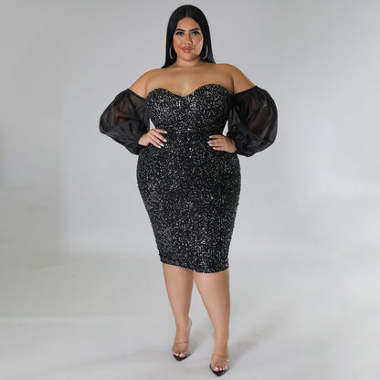 ST-dress plus size sexy sequin strapless solid color evening dress