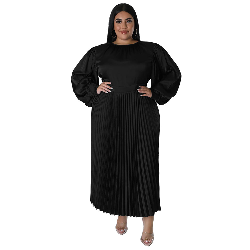 ST-dress plus size pleated round neck long sleeved dress