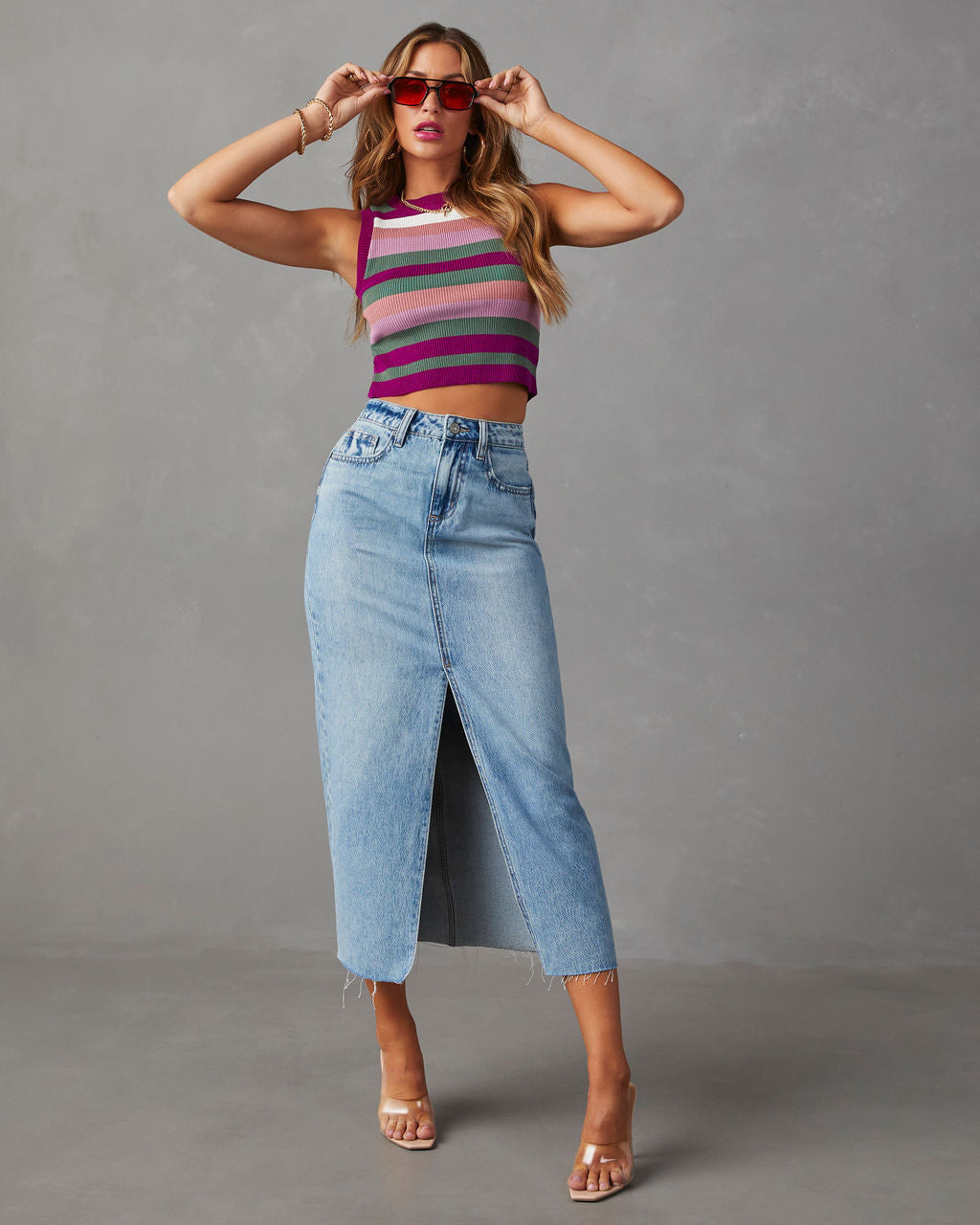 Women's high waisted washed split denim skirt