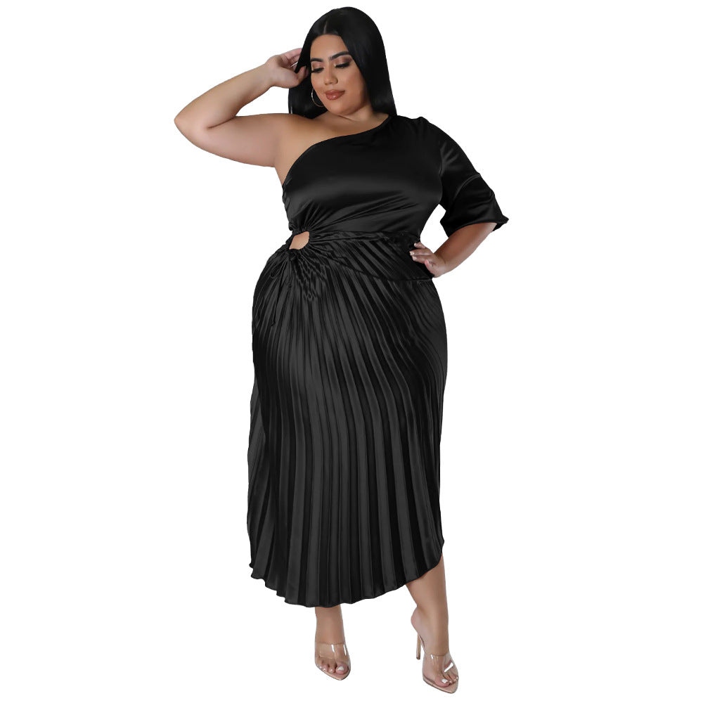 ST-dress fashion plus size sexy diagonal shoulder drawstring pleated dress