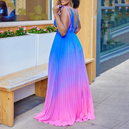 ST-dress Lace-up gradient pleated maxi dress