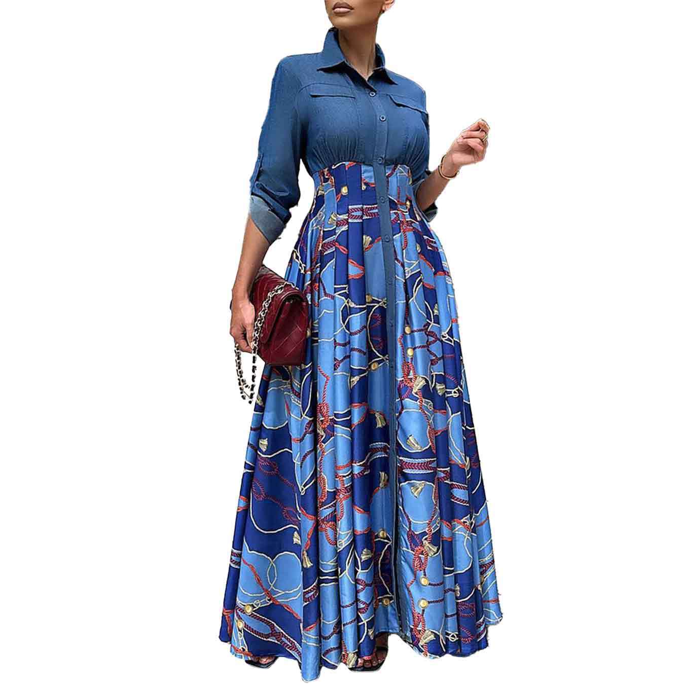 ST-dress plus size Casual denim patchwork printed long skirt big swing dress