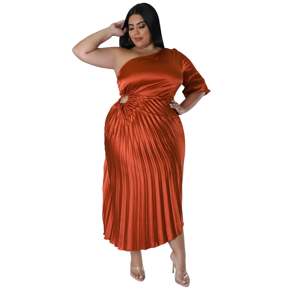 ST-dress fashion plus size sexy diagonal shoulder drawstring pleated dress