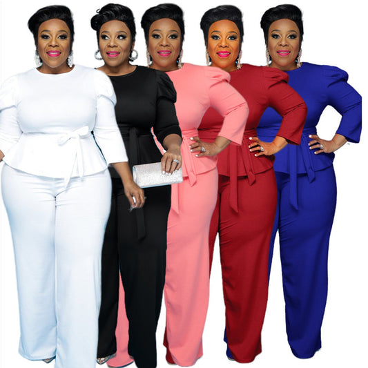 ST-DRESS Plus size solid color lace-up pants suit