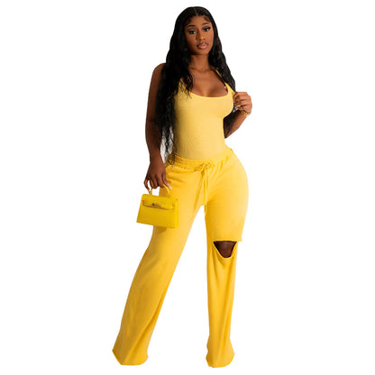 ST-dress U-neck bodysuit holes wide leg pants set