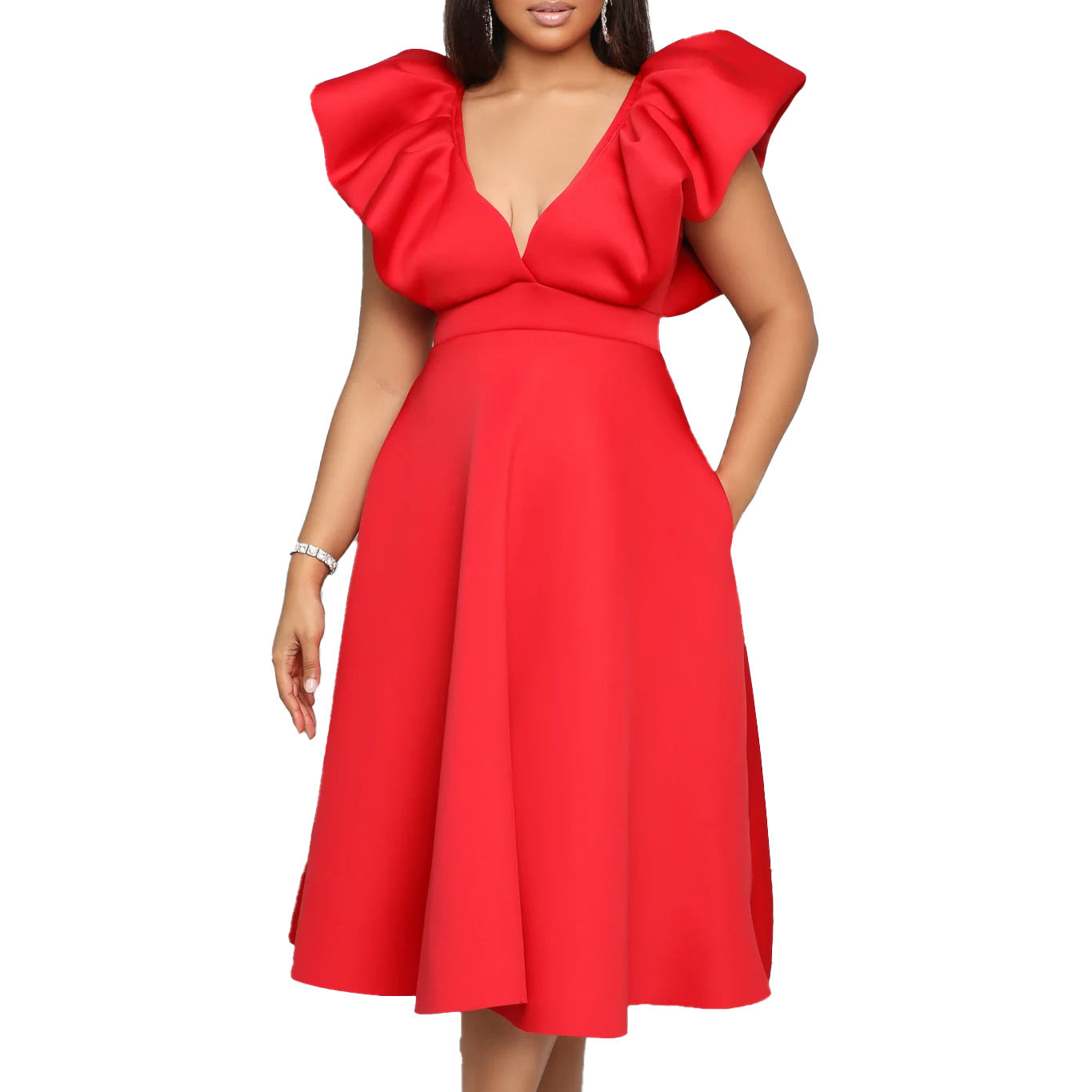 ST-dress Deep V-neck high-waisted party dress A-line dress