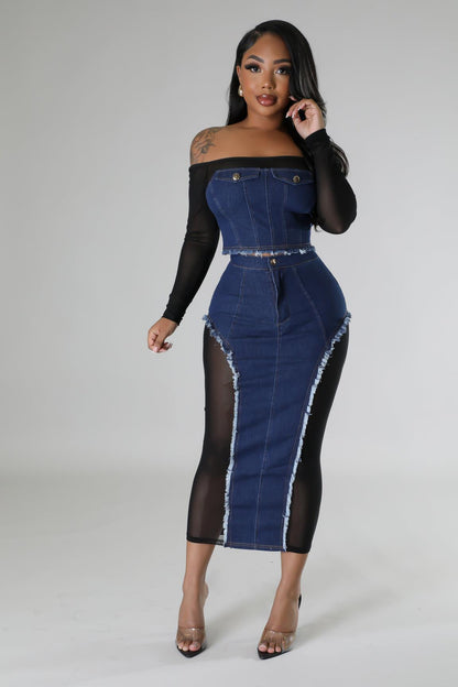 ST-dress Stylish mesh denim spliced see-through strapless two-piece set