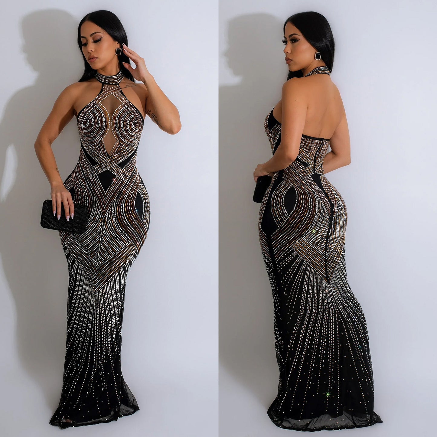 ST-dress Mesh hot diamond hanging neck maxi dress