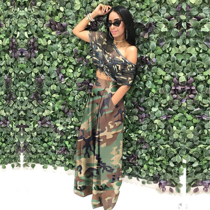 ST-dress plus size Trendy camouflage printed elastic waist wide leg pants