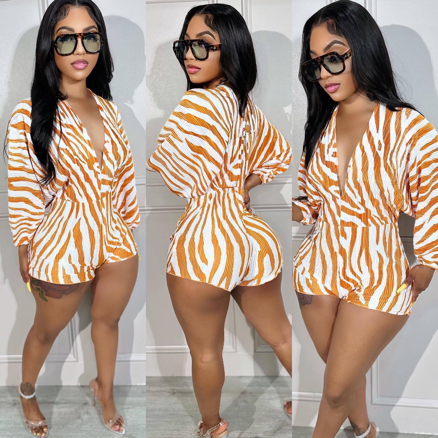 ST-dress Fashion Pit Stripe Digital Printed Long sleeved V-neck Sexy jumpsuit