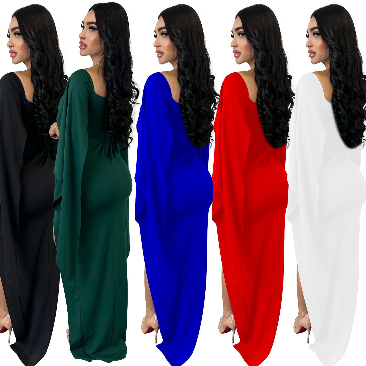 ST-dress Solid color long sleeve split pleated maxi dress