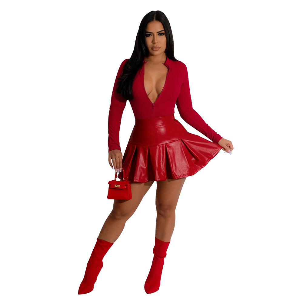 ST-dress Long sleeved zippered bodysuit and leather skirt set