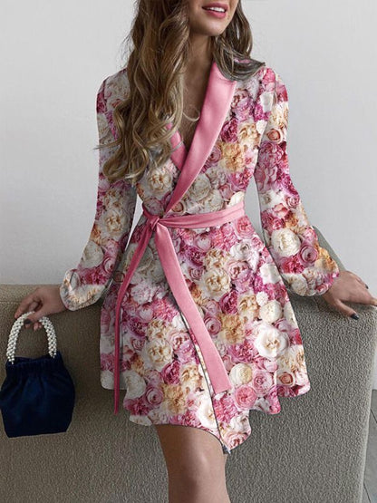 ST-dress Floral print lapel long sleeve lace-up waist dress