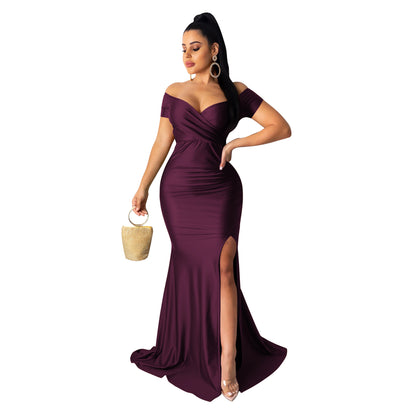 ST-dress V-neck solid color large slit short sleeved long skirt