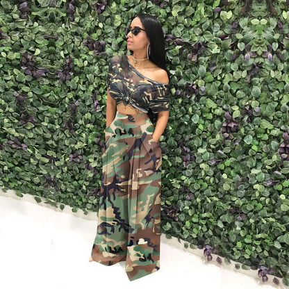 ST-dress plus size Trendy camouflage printed elastic waist wide leg pants