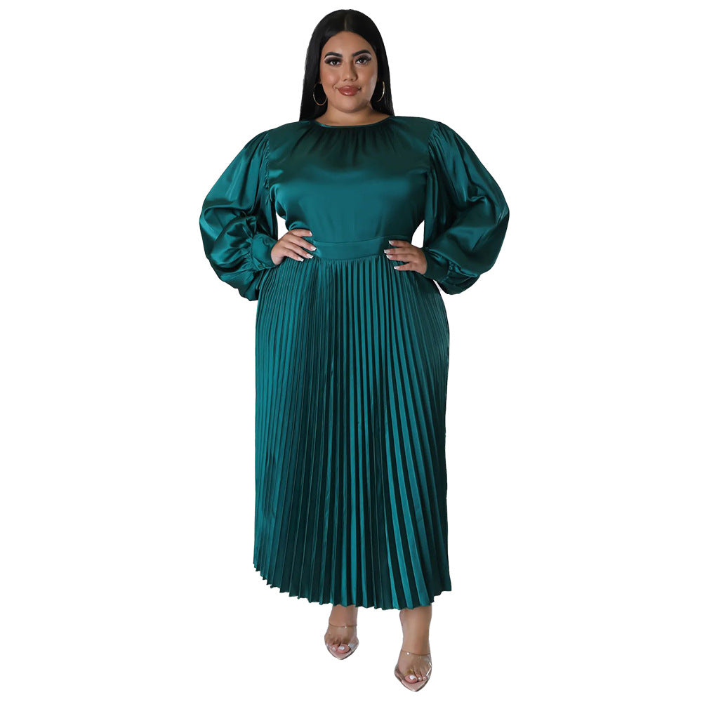 ST-dress plus size pleated round neck long sleeved dress