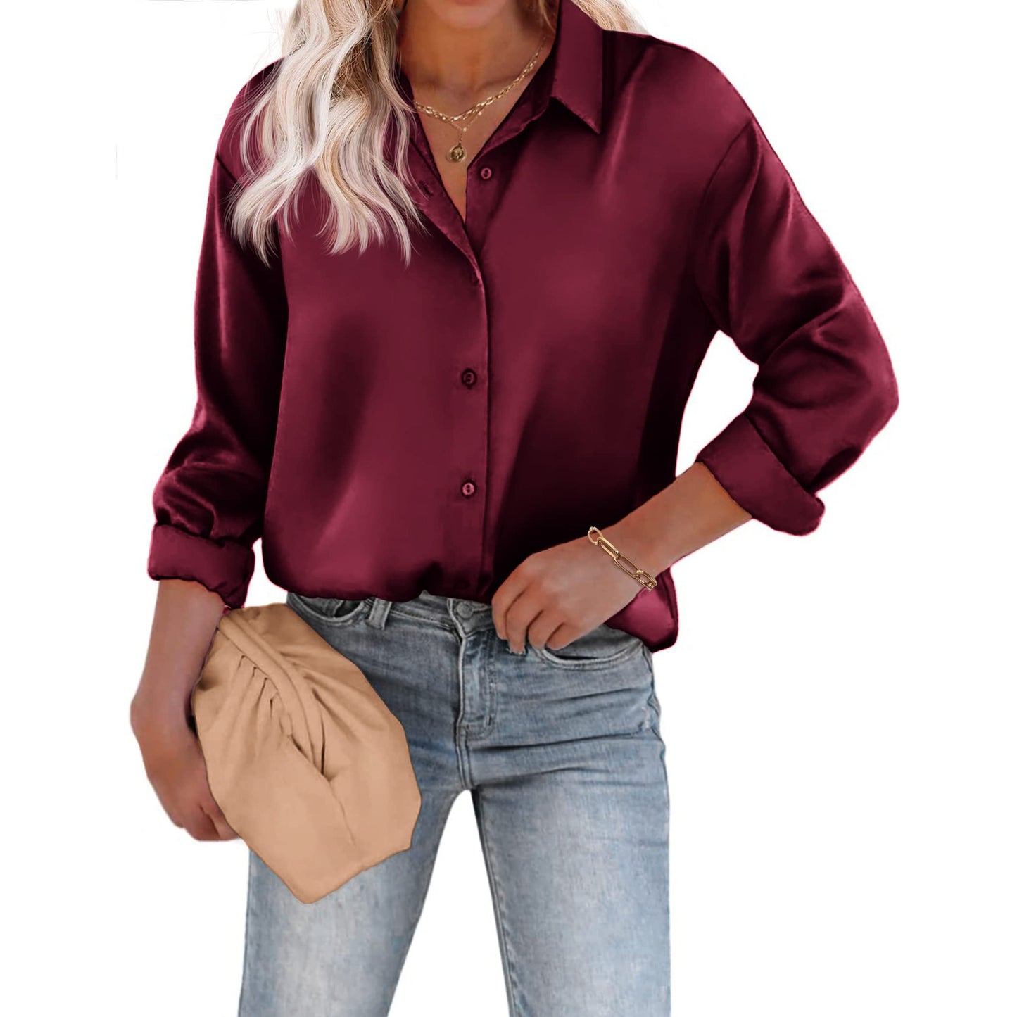 ST-dress Satin silk buttoned loose long-sleeved shirt